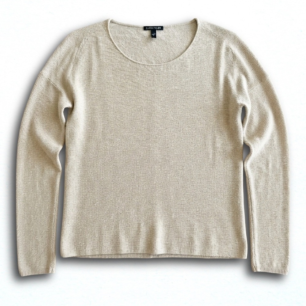 Eileen Fisher Organic Linen Cotton Sweater Oatmeal Beige Scoop Neck Medium
